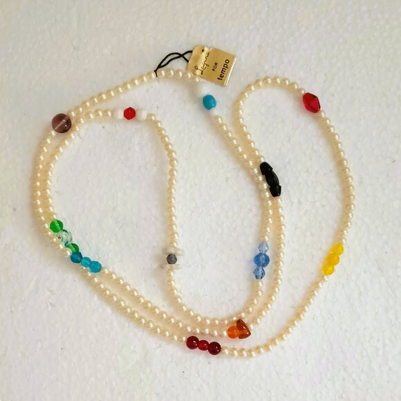 Laguna for Tempo Vtg Bead Necklace 34" Long Pearl & Multicolor Glass Beads - Picture 1 of 12